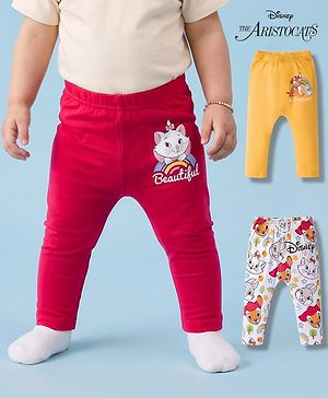 Babyhug Disney Interlock Knit Full Length Diaper Leggings with Marie Graphic Pack of 3 - Red Yellow & White