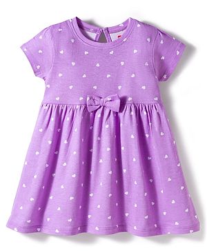 Babyhug Cotton Knit Half Sleeves Frock With Heart Print & Bow Applique - Multicolor