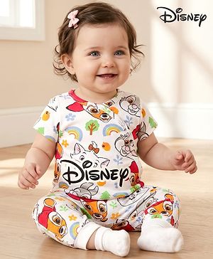 Babyhug Disney Interlock Knit Half Sleeves Romper With Marie Graphics - White