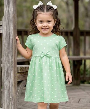 Babyhug 100% Cotton Knit Half Sleeves Star Printed Frock With Bow Applique - Light Green