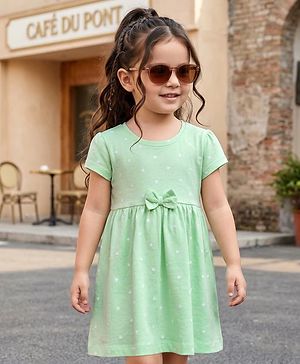Babyhug 100% Cotton Knit Half Sleeves Star Printed Frock With Bow Applique - Light Green