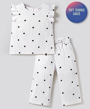 Bonfino 100% Cotton Double Cloth Knit Frill Sleeves Co-ords Top & Pant Set with Polka Dot Print - White