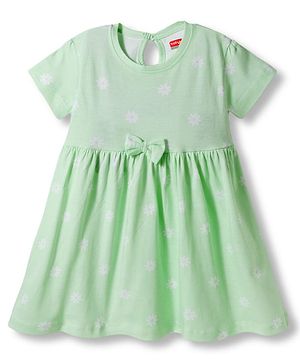 Babyhug 100% Cotton Knit Half Sleeves Floral Printed Frock With Bow Applique - Light Green