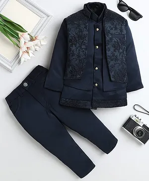 Fourfolds Woven Full Sleeves Beads Embellished Floral Embroidered Sherwani & Pants With Jacket Set - Navy Blue