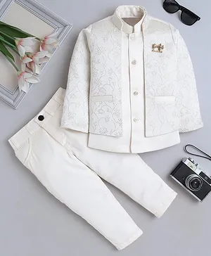 Fourfolds Woven Full Sleeves Solid Sherwani & Trouser Set With Floral Embroidered & Sewing Machine Brooch Detailed Jacket - Cream