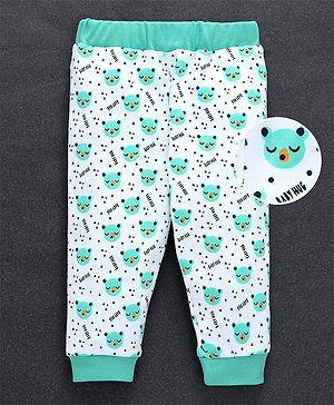 Babyhug Full Length Cotton Lounge Pant Bear Print - White Sea Green
