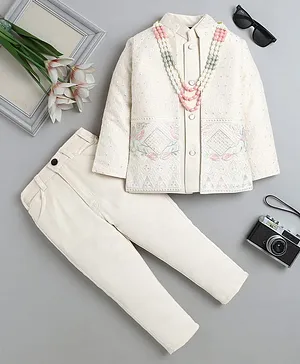 Fourfolds Woven Full Sleeves Sequins Floral Embroidered Sequins Embellished Sherwani With Trousers Set - Cream