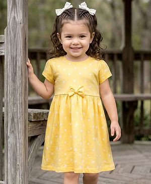 Babyhug 100% Cotton Knit Half Sleeves Star Printed Frock With Bow Applique - Yellow