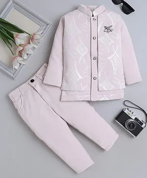 Fourfolds Cotton Blend Woven Full Sleeves Sequins Embellished Sherwani With Trouser Set - Light Pink