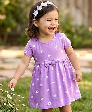 Babyhug 100% Cotton Knit Half Sleeves Floral Printed Frock With  Bow Applique - Purple
