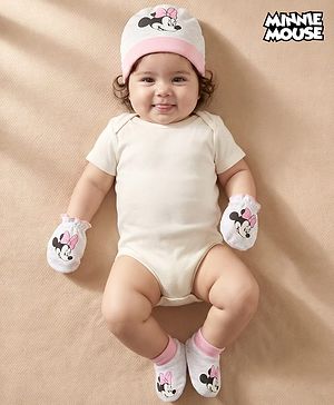 Babyhug Disney Interlock Knit Cap Mittens & Booties Set with Minnie Mouse Graphic Grey - Diameter 15 cm