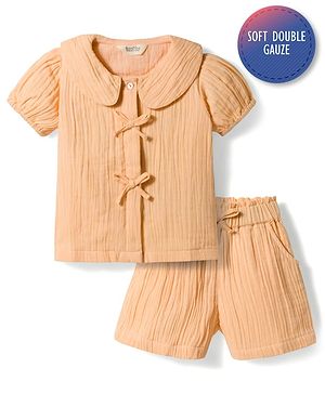 Bonfino 100% Cotton Double Gauze Woven Half Sleeves Solid Top & Shorts Set - Peach
