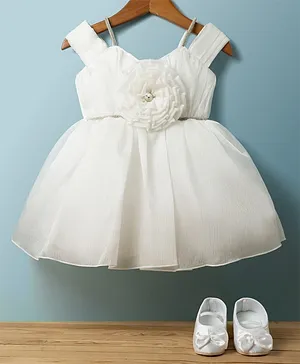 Bluebell Satin Woven Sleeveless Party
                              Dress With Floral Applique & Booties -
                              Offwhite