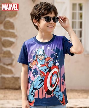 Pine Kids Marvel Single Jersey Knit Half Sleeves T-Shirt With Avenger Captain America Graphics - Navy Blue