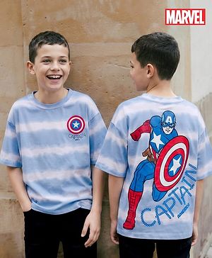 Pine Kids Disney Single Jersey Knit Drop Shoulder Half Sleeves Tie & Dye T-Shirt with Avengers Front & Back Print - Blue