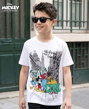 Pine Kids Disney Single Jersey Knit Half Sleeves T-Shirt with Mickey Mouse & Friends Graphic - White
