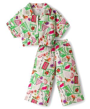 Babyhug Cotton Woven Half Sleeves Top & Lounge Pant Co-ord Set With Stamp Print - Multicolor