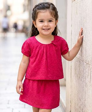 Babyhug Cotton Woven Half Sleeves Top & Mid Thigh Skirt Set - Fuchsia