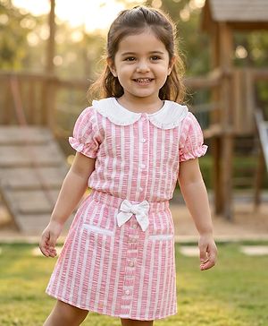 Babyhug Cotton Woven Half Sleeves Co-ords Top & Skirt Set with Stripes & Bow Applique - Pink
