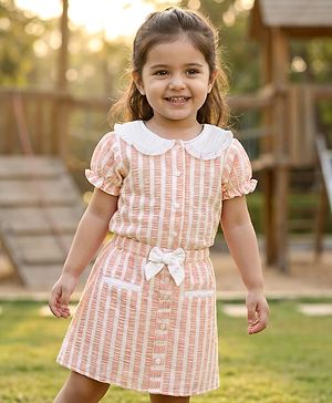 Babyhug Cotton Woven Half Sleeves Co-ords Top & Skirt Set with Stripes & Bow Applique - Orange