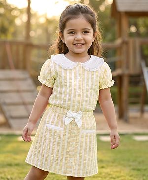 Babyhug Cotton Woven Half Sleeves Co-ords Top & Skirt Set with Stripes & Bow Applique - Yellow