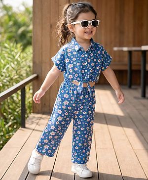 Babyhug Cotton Woven Half Sleeves Top & Lounge Pant Co-ord Set With Floral Print - Blue