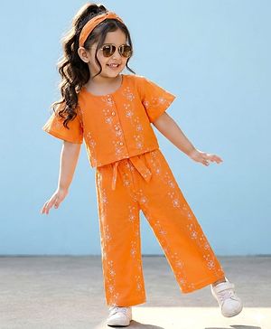 Babyhug Cotton Woven Half Sleeves Co-ords Top & Culottes Set with Belt & Floral Embroidery - Orange