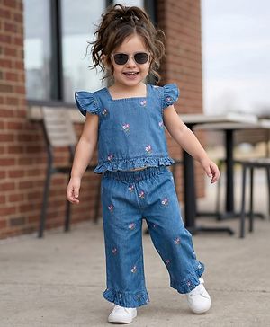 Babyhug Cotton Woven Half Sleeves Floral Embroidered Co-ord Top & Pant Set - Blue