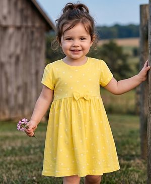 Babyhug 100% Cotton Knit Half Sleeves Hearts Printed Frock With Bow Applique- Yellow