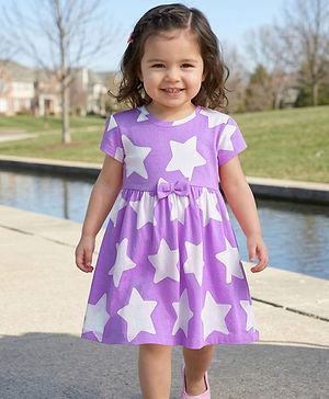 Babyhug Single Jersey Knit Half Sleeves Star Printed Frock with Bow Applique - White & Lilac