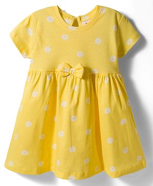 Babyhug Single Jersey Knit Half Sleeves Floral Printed Frock with Bow Applique - Yellow
