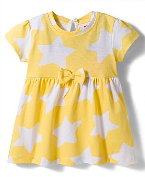 Babyhug Single Jersey Knit Half Sleeves Frock with Star Print & Bow Applique - Multicolour