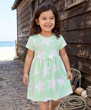 Babyhug Single Jersey Knit Half Sleeves Frock with Bow & Star Print - Sea Green