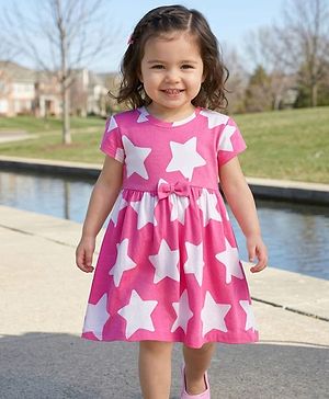 Babyhug Single Jersey Knit Half Sleeves Star Printed Frock with Bow Applique - White & Pink