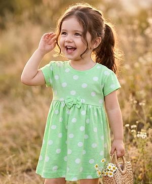 Babyhug Single Jersey Knit Half Sleeves Polka Dots Printed Frock with Bow Applique - Sea Green