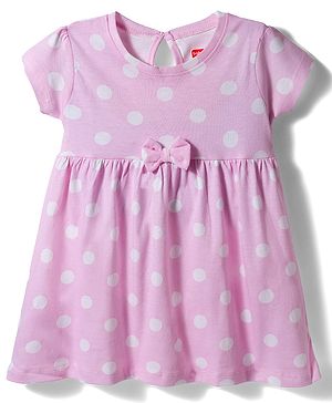 Babyhug 100% Cotton Knit Half Sleeves Polka Dots Printed Frock With Bow Applique - Pink