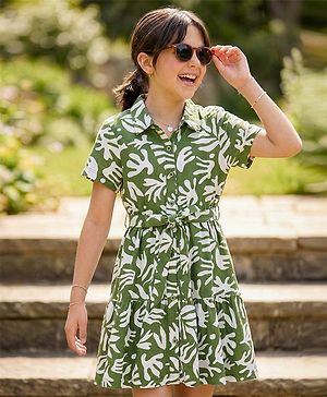 Pine Kids Cotton Knit Half Sleeves Frock With Leaf Print - Multicolor