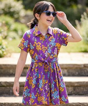 Pine Kids Cotton Knit Half Sleeves Frock with Belt & Floral Print - Multicolor