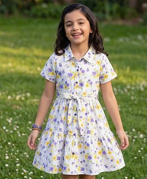 Pine Kids Cotton Knit Half Sleeves Floral Printed Shirt Style Tiered Frock - White