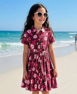 Pine Kids Cotton Knit Half Sleeves Frock With Floral Print - Multicolor