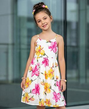 Pine Kids 100% Cotton Woven Sleeveless Floral Printed Frock - Multicolour