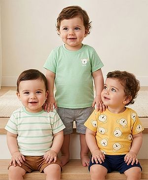 Babyoye 100% Cotton Knit Half Sleeves Striped & Koala Printed T-Shirts Pack of 3 - White Sea Green Orange