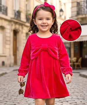 Babyhug Cotton Woven Full Sleeves Solid Color Frock with Headband & Bow Applique - Red