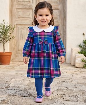 Babyhug Cotton Woven Full Sleeves Checks Frock With Bow Applique & Leggings - Blue