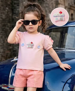 Mark & Mia Cotton Half Sleeves
                              Top & Shorts Set with Fruit Applique -
                              Pink