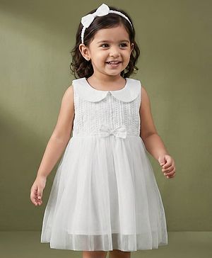 Babyhug 100% Cotton Woven Sleeveless Embroidered Frock With Headband - White
