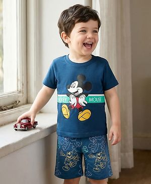 Babyhug Disney Single Jersey Knit Half Sleeves T-Shirt & Shorts Night Suit With Mickey Mouse Graphics - Navy Blue