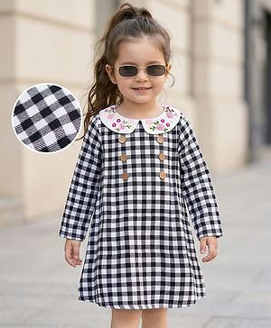 Babyhug Cotton Woven Full Sleeves Checked Frock With Floral Embroidery - Black