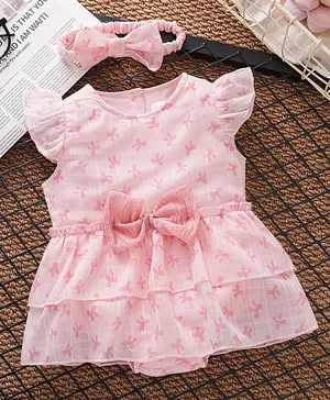 Mark & Mia Frill Sleeves Floral
                              Printed Frock Style Onesie with Headband
                              & Bow Applique - Pink