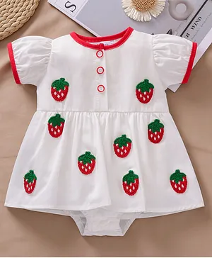 Mark & Mia Cotton Half Sleeves
                              Frock Style Onesie with Strawberry
                              Embroidery - White